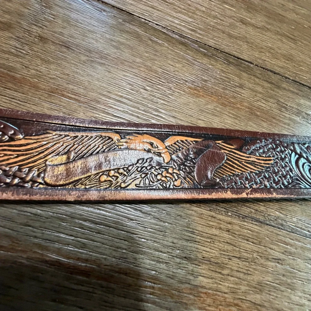 Mens Brown Tooled Genuine Leather Western Eagle Belt Size 44 KM627 Mexico